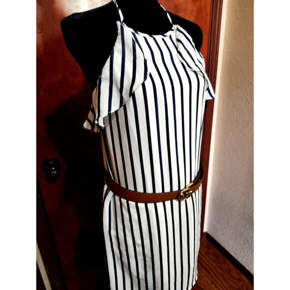 J Crew Striped Halter Ruffle Tank Small Navy White Shift Mini Summer Dress J0861 - Picture 4 of 9